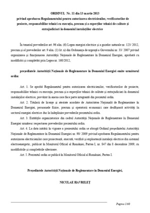 Ordinul Anre Nr 11-2013-Autorizare Electricieni