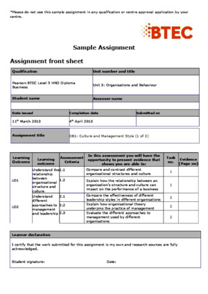 Pearson BTEC Level 5 HND Diploma in Business Sample Assignment