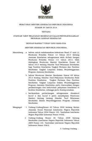 Peraturan Menteri Kesehatan Republik Indonesia Nomor 59 Tahun 2014 tentang Standar Tarif Pelayanan Kesehatan Dalam Penyelenggaraan Program Jaminan Kesehatan