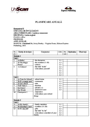 Planificare Anuala Manual Engleza Clasa III Fairyland 3AB