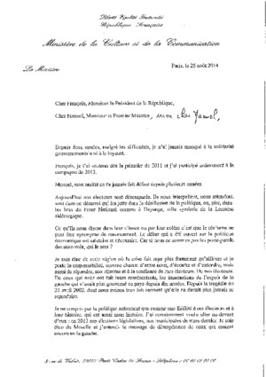 A Filippetti - lettre au PR et au PM - 25 août 2014pdf