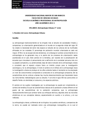 Sílabo de Antropología Urbana (2013-1) [Golte, Jacinto] - Escuela de Antropología, Universidad Mayor de San Marcos