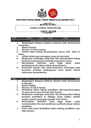 Syarat-syarat Pencarian Tokoh Wanita Negeri Kelantan 2015