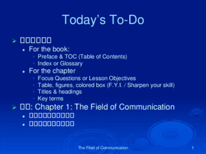 The Filed of Communication1 Today’s To-Do  課本使用方式 For the book: For the book: Preface & TOC (Table of Contents)Preface & TOC (Table of Contents) Index