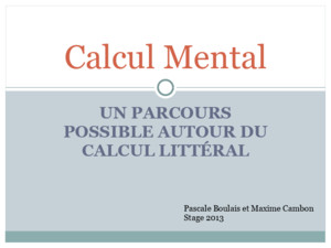 UN PARCOURS POSSIBLE AUTOUR DU CALCUL LITTÉRAL Calcul Mental Pascale Boulais et Maxime Cambon Stage 2013