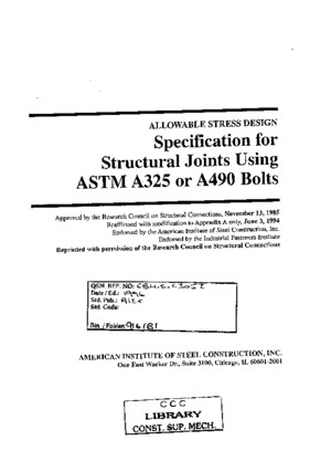 AISC Specification for Structural Joints Using ASTM A325 or A490 Bolts
